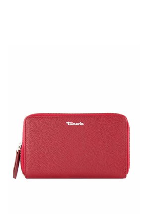 Red leather wallet with a textured finish, zip closure, and a silver logo on the front. Compact rectangular shape with a side handle.