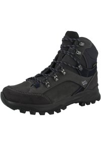 Botas de caminhada cinzas com uma combinação de camurça e materiais sintéticos, superfície texturizada e sola de borracha agressiva para tração.