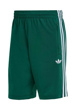 Zelené sportovní šortky z měkké látky, s elastickým pasem, boční kapsou na zip a třemi bílými pruhy po stranách.