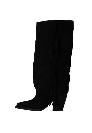 Botte noire en daim montant jusqu’au genou avec un talon empilé et un détail à franges sur le côté.