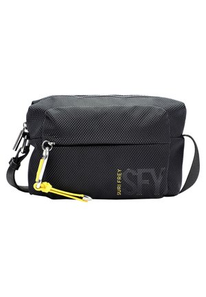Black textured rectangular crossbody bag with front zipper pocket, yellow pull tab, silver hardware, and adjustable strap.