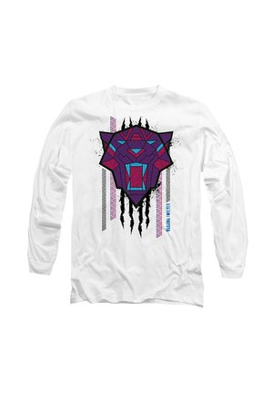 Long-sleeve white shirt with a geometric purple and blue bear head design and vertical tribal patterns in black and pink.