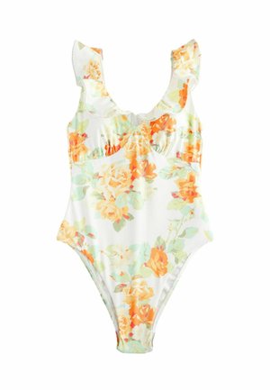 Costume da bagno intero floreale con fiori arancioni e verde menta su sfondo bianco, dotato di spalline arricciate e dettagli plissettati.