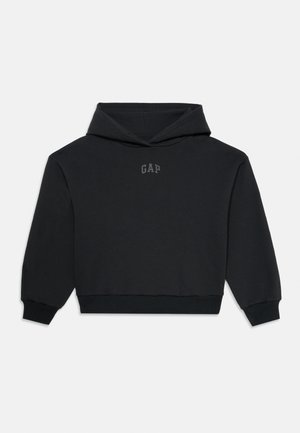 Svart cropped hettegenser med lange ermer og ribmede mansjetter, med liten "GAP" tekst sentrert på brystet.