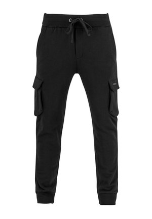 Schwarze Sweatpants aus Baumwolle, mit einem Kordelzugbund, schmal zulaufendem Bein und zwei großen Cargo-Taschen an den Seiten.
