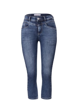 Jean capri en denim bleu avec une coupe slim, dotée de poches avant et d'une fermeture à bouton. Le tissu présente un léger délavage pour un look décontracté.