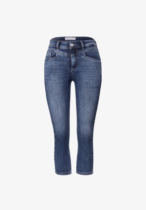 Blauwe denim capri jeans met een slim fit, voorzien van voorzakken en een knoopsluiting. De stof heeft een lichte vervaging voor een casual uitstraling.