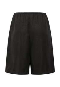 Shorts noirs à coupe ample avec une taille élastique, fabriqués dans un tissu doux texturé, présentés sur fond blanc.