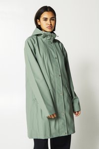 Light green waterproof jacket with a hood, snap buttons, and side pockets. Smooth texture and mid-length design.