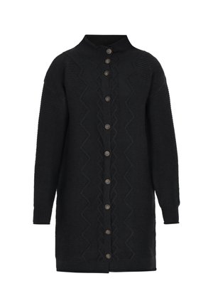 Czarny dziany kardigan z wysokim kołnierzem, teksturowanym wzorem w zygzaki i guzikami z przodu. Miękki materiał; długie, proste rękawy.