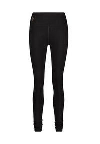 Schwarze Leggings aus dehnbarem Material, mit einem breiten Bund, tailliertem Schnitt und einem dezenten Logo-Akzent am Bund.