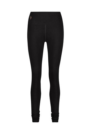 Schwarze Leggings aus dehnbarem Material, mit einem breiten Bund, tailliertem Schnitt und einem dezenten Logo-Akzent am Bund.