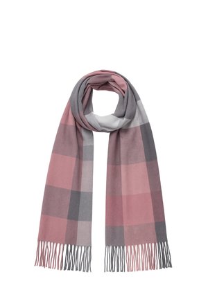 Weicher Wollschal mit rosa-, grau- und weiß kariertem Muster, fransigen Enden, zu einer Schlaufe auf weißem Hintergrund drapiert.