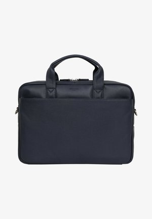 Navy-Lederaktentasche mit doppelten oberen Griffen, Reißverschluss und glatter Oberfläche. Sie verfügt über ein minimalistisches Design und keine sichtbaren Hardware-Details.