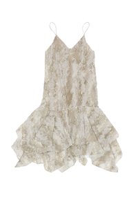 Lichtgewicht, mouwloze jurk in beige met een gestructureerd, slangachtig patroon. Bevat een uitlopende zoom en dunne schouderbandjes.