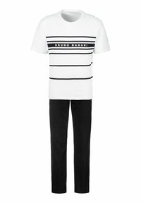 Weißes T-Shirt mit schwarzen horizontalen Streifen und dem Text "BRUNO BANANI", kombiniert mit schwarzen Hosen, aus Baumwollmaterial, mit Rundhalsausschnitt.