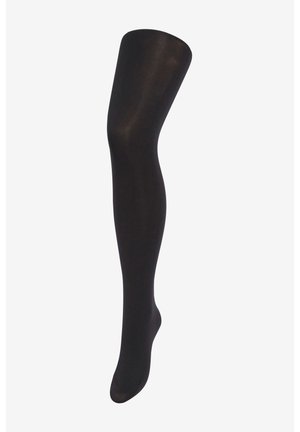 Schwarze blickdichte Strumpfhosen aus glattem, elastischem Material. Sie verfügen über ein elegantes, nahtloses Design in einer einheitlichen Farbe und mittlerem Glanz.