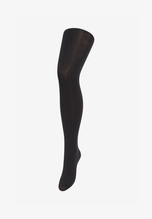 Collant neri opachi realizzati in un materiale liscio e elastico. Presentano un design elegante e senza cuciture con un colore uniforme e una lucentezza media.