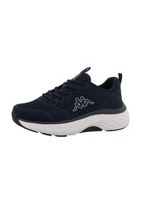 Navy athletic shoe featuring a mesh upper, textured design, white cushioning sole, and logo accent. Laces and pull tab included.