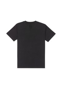 Camiseta negra de manga corta con cuello redondo vista desde atrás sobre un fondo blanco.