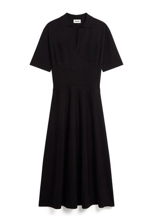 Black midi dress with a collared neckline, short sleeves, and two chest pockets; smooth texture and flared skirt design.