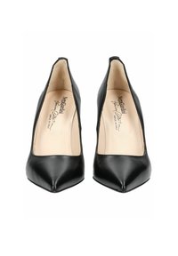 Escarpins noirs en cuir à talon haut avec un bout pointu, présentant un design épuré et une texture lisse. Intérieur marqué du nom de la marque.
