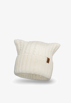 Gorro de punto blanco con textura acanalada, diseño de orejas de gato y una pequeña etiqueta de cuero marrón en el lateral. Material suave y cálido, ideal para el invierno.