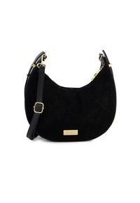 Schwarze Wildleder-Handtasche mit einer geschwungenen Form, goldenen Hardware-Akzenten und einem verstellbaren Tragegurt. Auf der Frontseite befindet sich eine markierte goldene Platte.