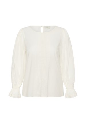 Weiße Bluse mit langen Ärmeln und Puffärmeln, Spitzenverzierungen vorne und an den Manschetten, rundem Ausschnitt und kleinem Knopfverschluss hinten.