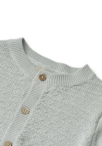 Cardigan lavorato a maglia grigio chiaro con motivo testurizzato, colletto rotondo a coste e bottoni in legno lungo il davanti.