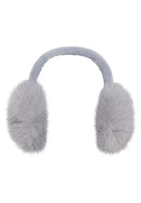 Gray fluffy earmuffs with a soft, padded headband connecting two thick, plush ear covers.