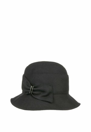 Black felt cloche hat with a bow and silver ring detail on the side, featuring a short, slightly flared brim.