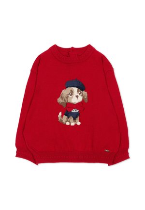 Maglione rosso a maniche lunghe con motivo frontale di un cucciolo marrone che indossa un basco blu e una sciarpa.