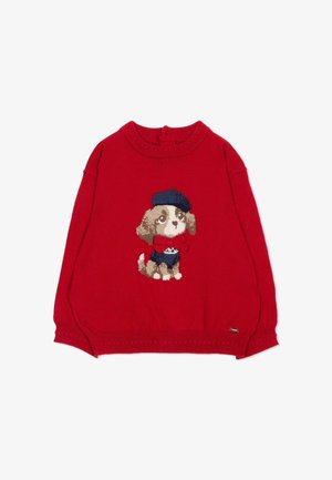 Maglione rosso a maniche lunghe con motivo frontale di un cucciolo marrone che indossa un basco blu e una sciarpa.