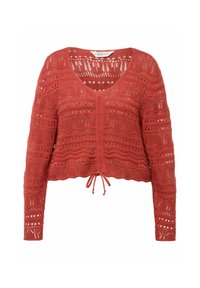 Häkeljacke in verbranntem Orange mit V-Ausschnitt, langen Ärmeln und verkürztem Design. Verfügt über filigrane Muster und eine Bindung am Saum.