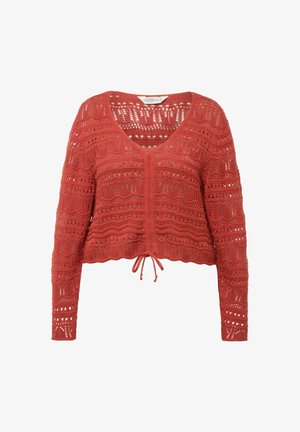 Häkeljacke in verbranntem Orange mit V-Ausschnitt, langen Ärmeln und verkürztem Design. Verfügt über filigrane Muster und eine Bindung am Saum.