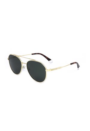 Occhiali da sole aviator in metallo dorato con lenti scure e terminali delle aste con motivo tartarugato su sfondo bianco.