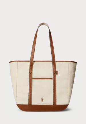 Polo Ralph Lauren LEATHER TRIM CANVAS MEDIUM SHOPPER TOTE - Shopping bag - ecru/cuoio