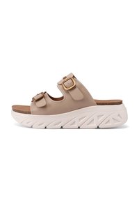Sandali scivolati in pelle beige con due cinturini regolabili caratterizzati da fibbie dorate, suola spessa bianca multitexturizzata e soletta in sughero.