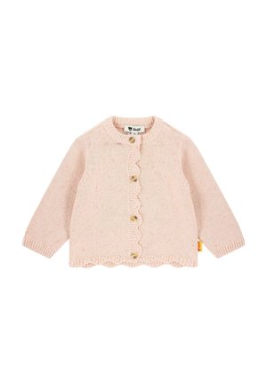 Helles rosa gestricktes Cardigan mit langen Ärmeln, gewelltem Saum und vier goldfarbenen Knöpfen. Enthält ein Etikett an der Seite.