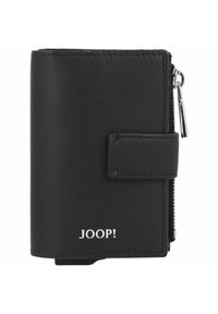 Černá kožená peněženka se zapínáním na zip, s kovovým drukem a stříbrnými logovými detaily. Kompaktní design s texturovaným povrchem.