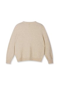 Suéter de punto de manga larga beige con puños y dobladillo acanalados, mostrado desde la parte posterior sobre un fondo blanco.