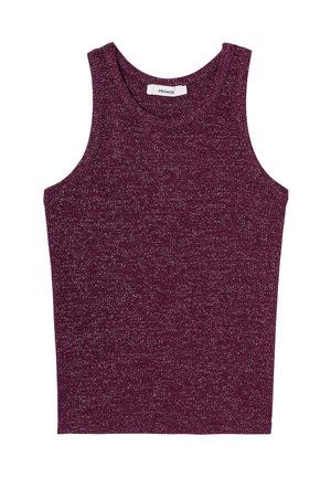 Débardeur en tricot sans manches bordeaux avec une finition texturée et un col rond. Pas de coutures visibles ni d'éléments décoratifs.