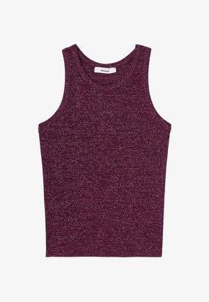 Débardeur en tricot sans manches bordeaux avec une finition texturée et un col rond. Pas de coutures visibles ni d'éléments décoratifs.