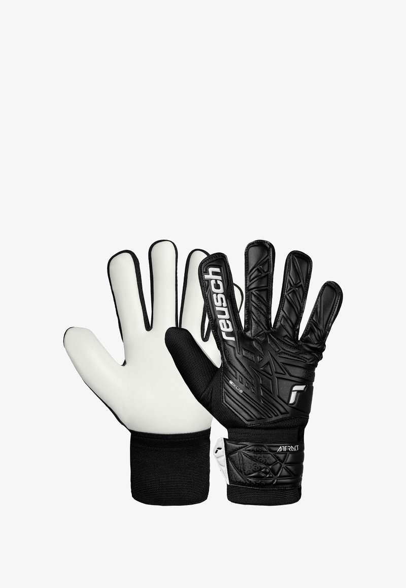 Goalkeeper gloves featuring a black textured backhand, white palm, and black strap. The design includes embossed patterns and logo detail.