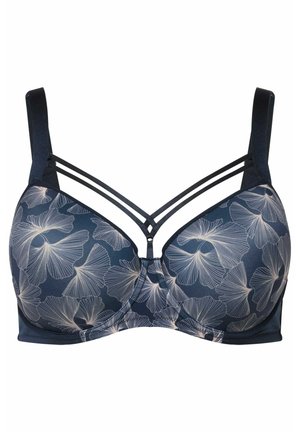 Marineblauwe beha met een crèmekleurig ginkgo-bladpatroon, met een gladde stof, beugel en dubbele bandontwerp over de borst.