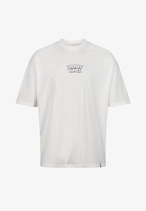 Biała bawełniana koszulka z luźnym krojem, z nadrukowanym wielokolorowym, zabawnym logo "LOONEY TUNES" na klatce piersiowej.