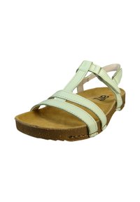 Sandalias de cuero verde claro con dos tiras anchas y una suela de corcho texturizada. Diseño abierto con tacón plano y detalle de costura a lo largo de los bordes.