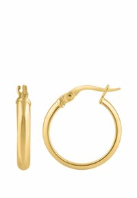 Zlaté kruhové náušnice s lesklým povrchom, ktoré majú zakrivený dizajn a kĺbové zapínanie pre bezpečné nosenie. Hladká textúra a jednoduchý obrys.