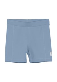 Ljusblå badbyxor med en slät, elastisk textur, platta sömmar och en logotyp på nedre högra sidan. Designade för komfort och hållbarhet.